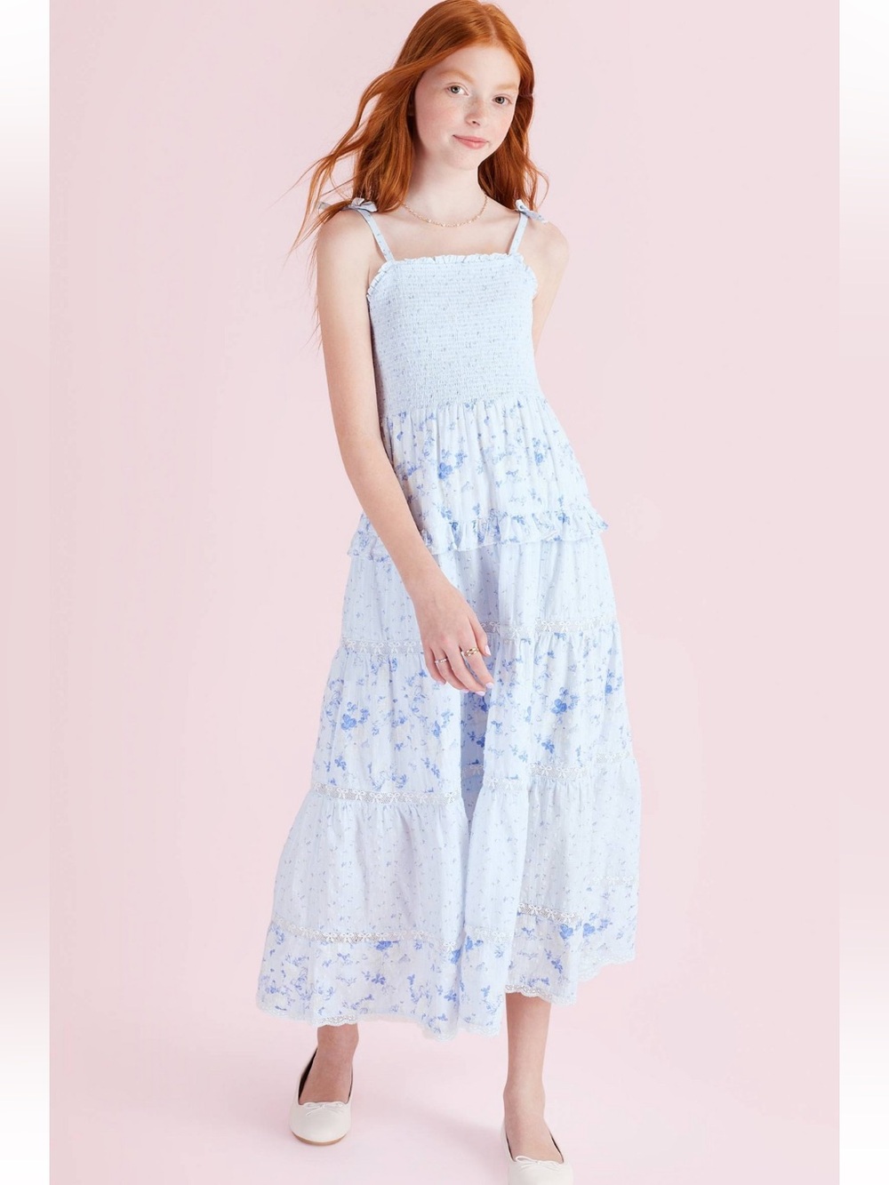 LoveShackFancy x Target Blue Stella Budding Florals Maxi Smocked Dress Girls 16